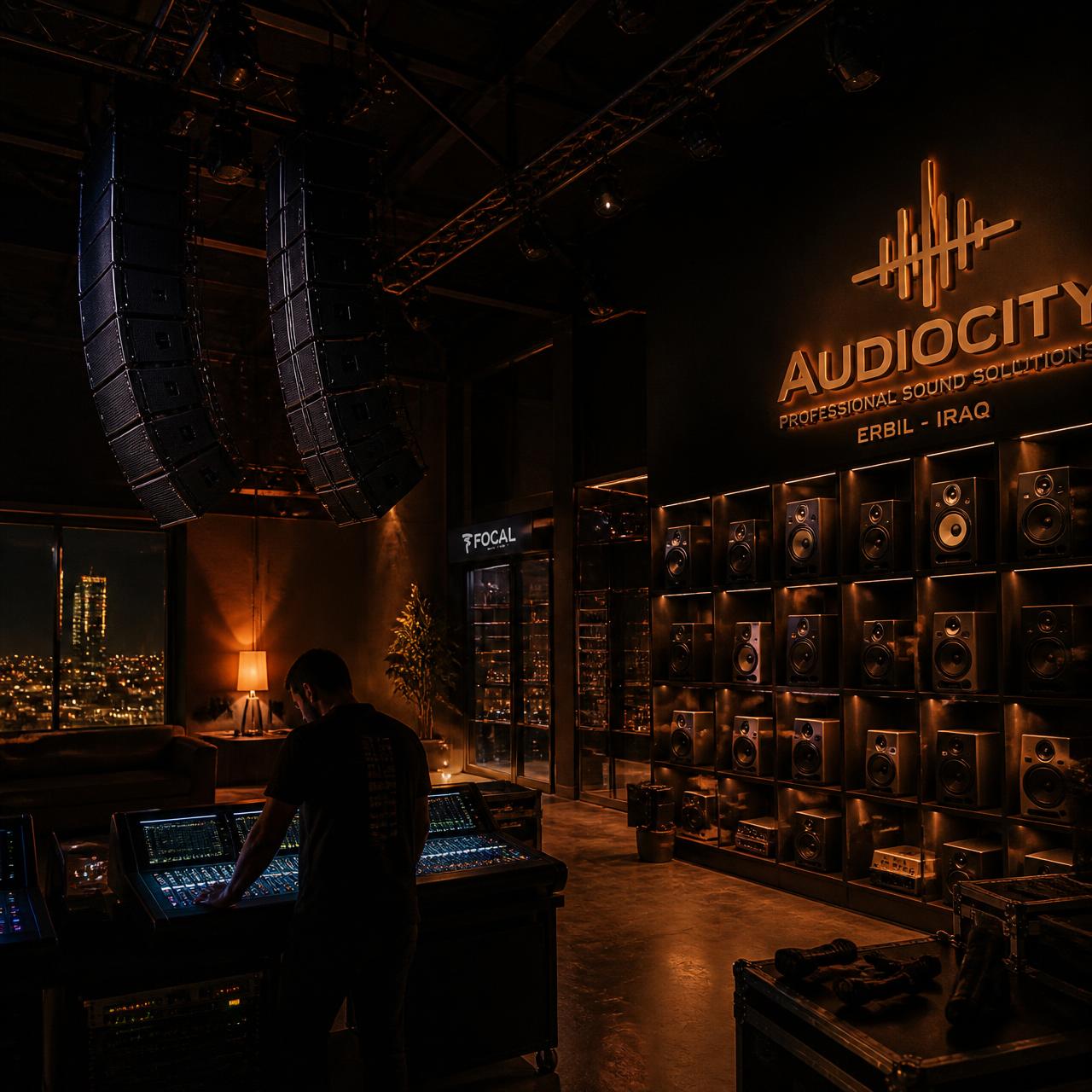Raid Music showroom interior at night